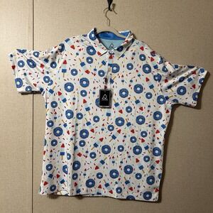 DEOLAX Men's Golf Polo XXL Red White and Blue Popsicle And Donut Shirt NWT